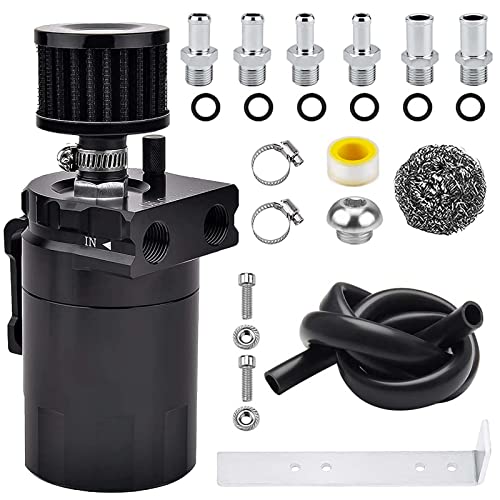 Universal Baffled Oil Catch Can 400ml Aluminum Polish Oil Separator Catch Can Kit Reservoir Tank with Breather Filter & 3/8" Fuel Line/6 Fittings/Necessary Accessories,Black