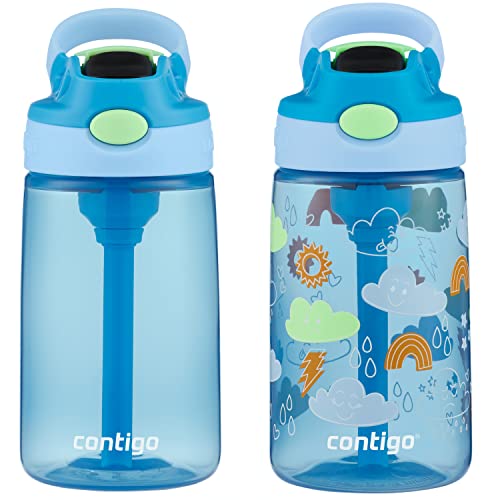 Contigo Aubrey Kids Cleanable Water Bottle with Silicone Straw and Spill-Proof Lid, Dishwasher Safe, 14oz 2-Pack, Blue & Clouds