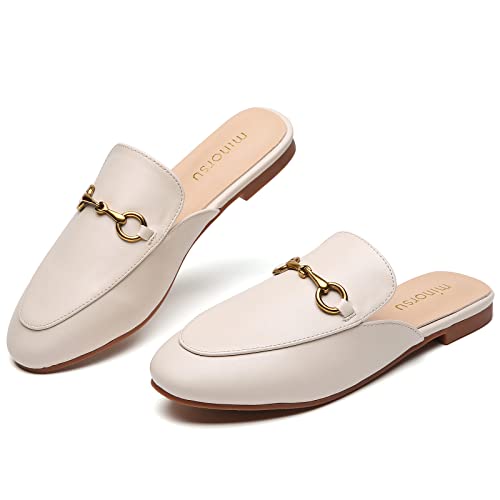 Minorsu Buckle Mules for Women Round Toe Backless Flat Mules Slides Mules Shoes Ladies Slip-on Loafers
