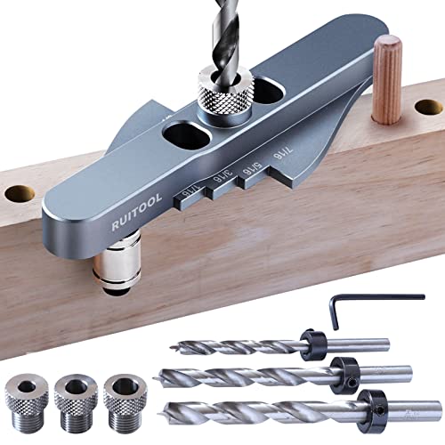 Ruitool Dowel Jig Kit, Self-centering Line Scriber Woodworking Tools, Drill Guide for Straight Holes,Including Drill Bit Set 1/4", 5/16", 3/8" & Drill Bit Stop Collar Set,Drill Jig for Hand Tools