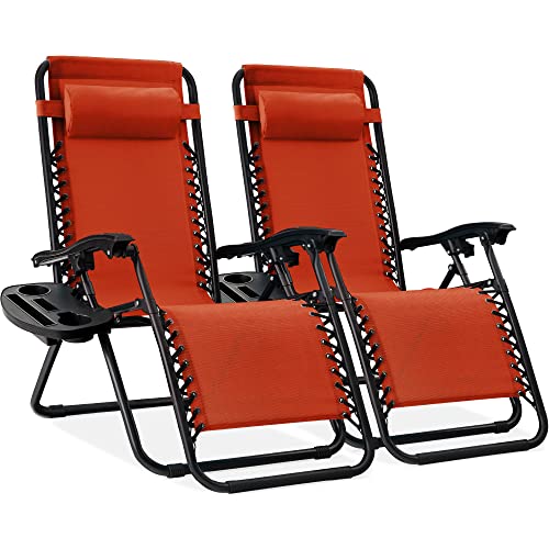 Best Choice Products Set of 2 Adjustable Steel Mesh Zero Gravity Lounge Chair Recliners w/Pillows and Cup Holder Trays - Burnt Orange