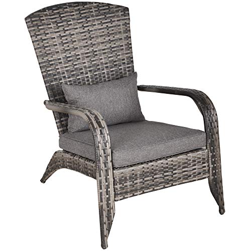 Outsunny Patio Wicker Adirondack Chair, Outdoor All-Weather Rattan Fire Pit Chair w/Soft Cushions, Tall Curved Backrest and Comfortable Armrests for Deck or Garden, Gray