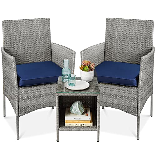 Best Choice Products 3-Piece Outdoor Wicker Conversation Bistro Set, Space Saving Patio Furniture for Yard, Garden w/ 2 Chairs, 2 Cushions, Side Storage Table - Gray/Navy