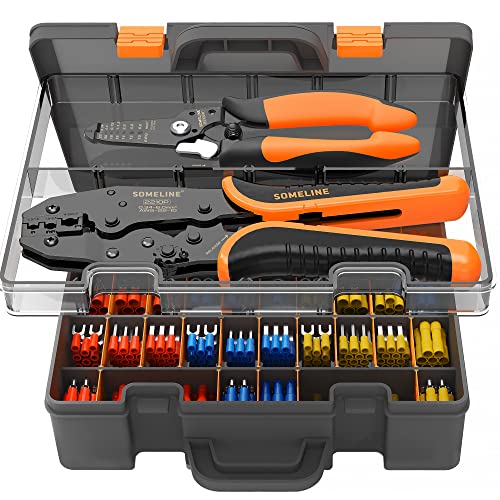 Wire Crimping Tool Kit,Crimp Connectors AWG 22-10 39 Type with Self-Adjustable Ratchet Crimping Pliers and Wire Stripper, Ring Fork Butt Connectors SOMELINE UL Listed Terminal Assortment Kit