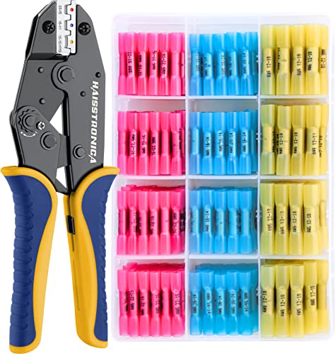 haisstronica Crimping Tool for Heat Shrink Connectors HS-8327 with 200PCS Marine Grade Heat Shrink Butt Connectors of Tinned Red Copper AWG 22-10