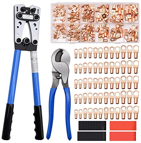 Cable Lug Crimping Tool with 170pcs Copper Wire Lugs, Wire Crimping Tool for AWG 10-1/0 Electrical Lug Crimper, with Cable Cutter, 210pcs Dual Wall Adhesive Heat Shrink Tubing