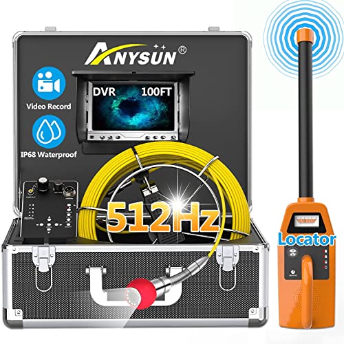 Sewer Camera with Locator, Anysun 100ft Pipe Video Inspection Camera with 512Hz Sonde and Receiver, Waterproof Drain Plumbing Camera Snake with 7 LCD Monitor DVR Recorder(8GB SD Card Included)