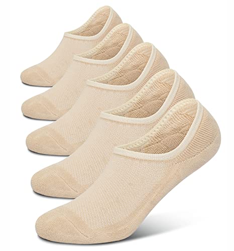 Henwarry Women's Thick Cushion Low Cut Cotton Ankle Socks Running Mesh No Show Athletic Socks-5 Pairs (A04-Beige, 9-11)