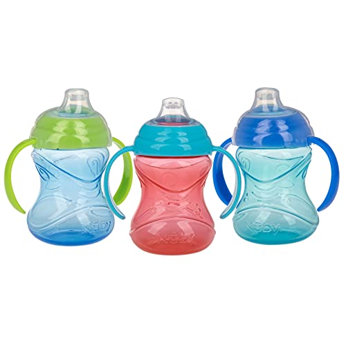 Nuby 3 Piece No-Spill Grip N Sip Silicone Cup with Soft Flex Spout, 2 Handle with Clik It Lock Feature, Boy, 10 Ounce
