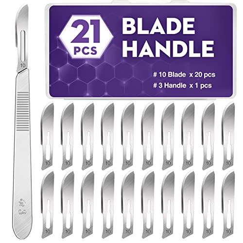 21PCS 20 Scalpel Blades with #10 Scalpels Surgical Sterile Blades Including 1 Handle,Laboratory Blade-Lab Knives- Carving Blades with Handle-Art Blades Practicing Cutting-Crafts & More