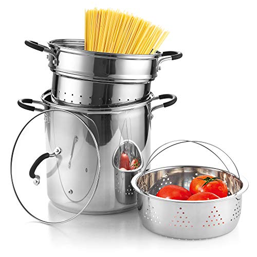 Cook N Home 4-Piece Stainless Steel Pasta Cooker Steamer Multipots, 12 Quart, Silver