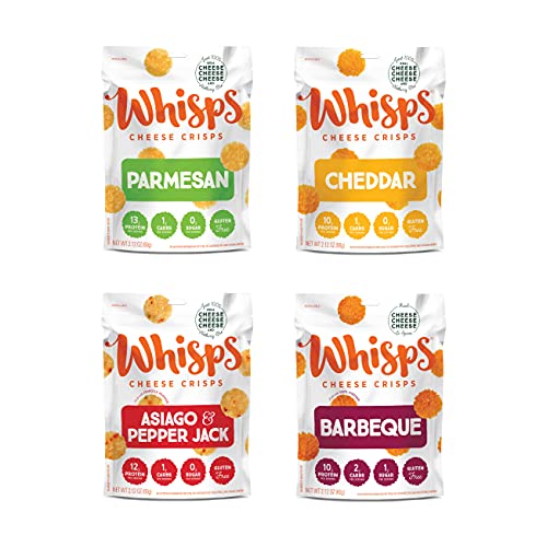 Whisps Cheese Crisps Variety Pack | Healthy Snacks | Cheddar Cheese Keto Snack, Gluten Free, High Protein, Low Carb - Parmesan, Asiago, BBQ, & Cheddar Cheese (2.12Oz, 4 Packs)