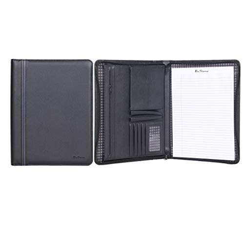 Ben Sherman Vegan Saffiano Leather Bi-fold Padfolio Binder Writing Pad for School, Work, Or Travel, Black, Zip Around