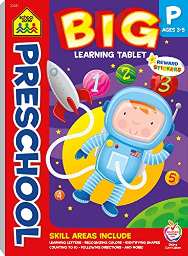 School Zone - Preschool Big Learning Tablet Workbook - 240 Pages, Ages 3 to 5, Stickers, Letters, Colors, Shapes, Counting to 10, and More (Easy-Tear Top Bound Workbook)