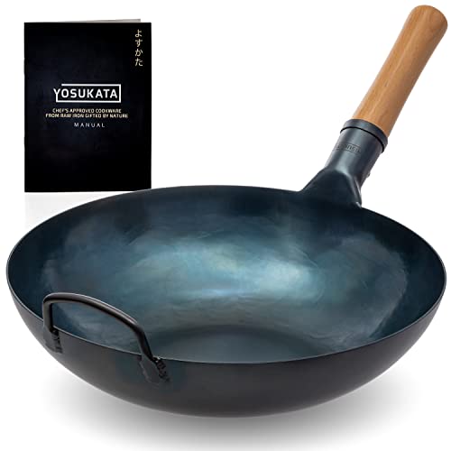 YOSUKATA Flat Bottom Wok Pan - 13.5" Blue Carbon Steel Wok - Preseasoned Carbon Steel Skillet - Traditional Japanese Cookware - Carbon Steel Pan for Electric Induction Cooktops Woks and Stir Fry Pans