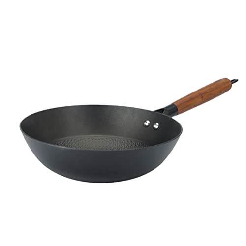 UPIT Master Preseasoned Cast Iron Skillet, Nonstick Rustproof Lightweight Wok with Wooden Handle, 9.5 inches