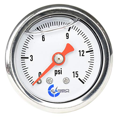 CARBO Instruments 1-1/2" Fuel Pressure Gauge, Stainless Steel Case 304, Chrome Plated Brass Connection, Glycerin Filled, 0-15 Psi, Accuracy 3-2-3%, Back Mount 1/8" NPT