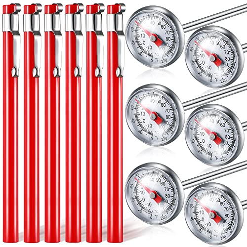 6 Pieces Stainless Steel Kitchen Thermometer with Red 5 Inches Long Stem1 Inch Dial Thermometer Milk Frothing Food Thermometer for Oven Probe Meat Foam Grill BBQ Cooking Chocolate Water