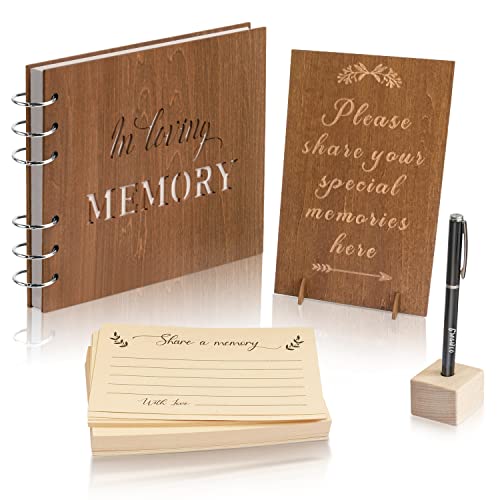 Creawoo Wooden Funeral Guest Book for Memorial Service Celebration of Life Decorations, Hardcover In Loving Memory Guestbook Set with White Pages, Included Share a Memory Cards, Table Sign, Pen (8.5")