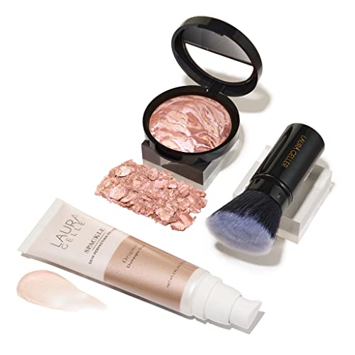 LAURA GELLER NEW YORK Ready-n-Radiant Kit (3 PC) - Baked Bronze-n-Brighten, Fair + Spackle Super-Size Skin Perfecting Primer, Champagne Glow + Retractable Angled Kabuki Brush