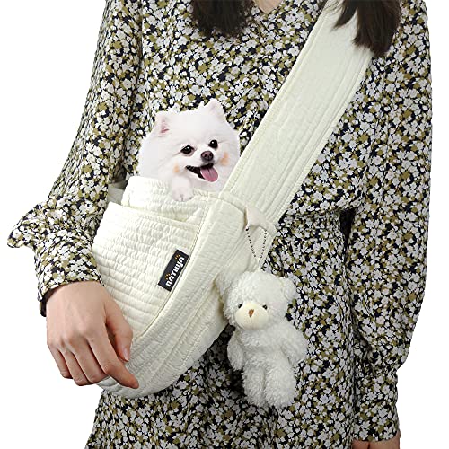 NATUYA Small Dog Carrier Sling Cat Sling,Adjustable Strap Hand Free Pet Puppy for Outdoor Traveling Subway (White, Canvas)