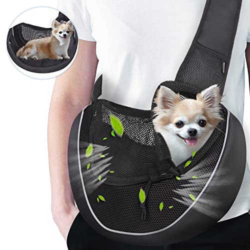 WOYYHO Small Pet Dog Sling Carrier Zipper Pocket Breathable Puppy Sling Carrier with Removable Bottom Adjustable Safe Dog Crossbody Carrier for Small Medium Dogs Cats Rabbit Outdoor Travel