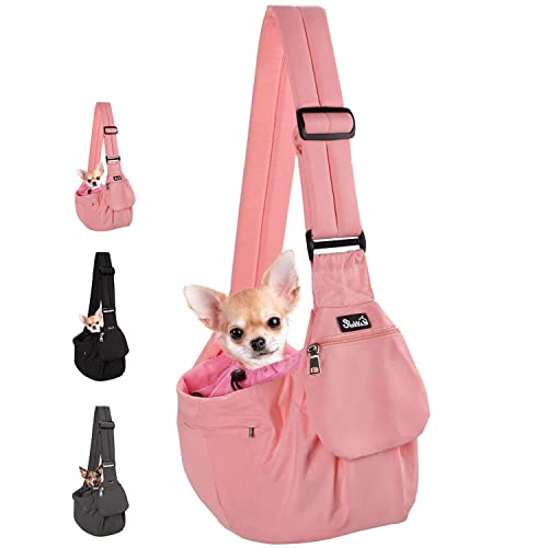 Lukovee Pet Sling Carrier, Dog Papoose Hand Free Puppy Cat Carry Bag with Bottom Supported Adjustable Padded Shoulder Strap and Bag Opening Front Zipper Pocket Safety Belt for Small Dogs Pink