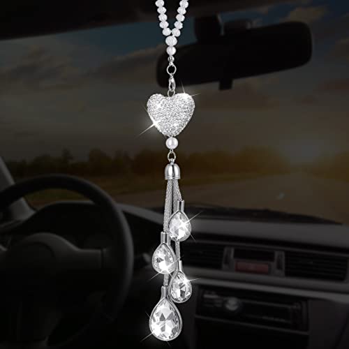 Cobee Heart Diamond Car Hanging Bling Pendant, Crystal Car Rear View Mirror Charms Car Car Interior Hanging Pendant Charm Decoration Lucky Decor Ornament Pendant Accessories for Women