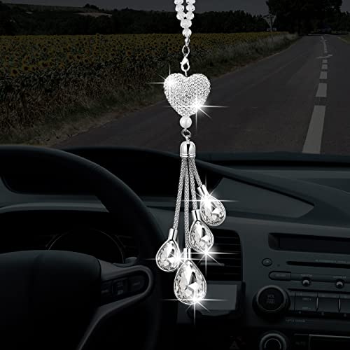 Bling Heart Diamond Car Accessories, Crystal Car Rear View Mirror Charms Car Decoration Valentine's Day Gifts Lucky Hanging Interior Ornament Pendant(White,7.5 Inch)