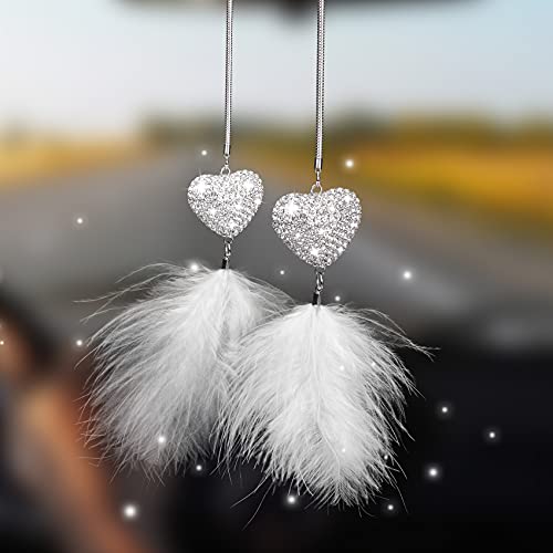 PAGOW Heart Feather Heart White Feather Charm, Rear View Mirror Accessories, Car Mirror Hanging Bling Decoration, Diamond Love Heart White Feather Charm Decor with Chain for Women ( White) 21.9 Inch