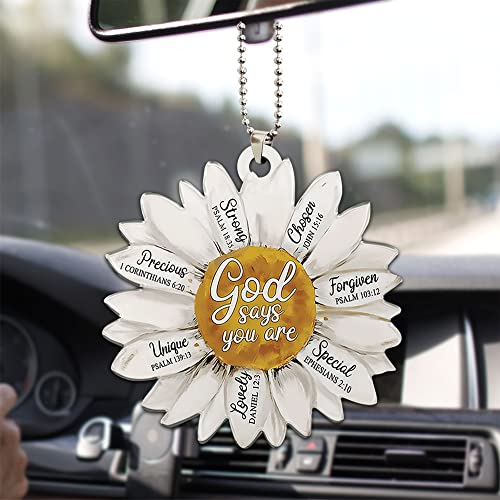 Talataca White Daisy Christian Jesus God Say You are Strong Chosen 2D Flat Car Rear View Mirror Accessories Christmas Tree Ornament Decoration Hanging Charm Interior Rearview Pendant Decor Gift