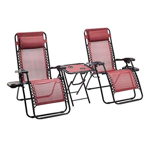 Amazon Basics Textilene Outdoor Adjustable Zero Gravity Folding Reclining Lounge Chair with Side table and Pillow - Pack of 2, Red