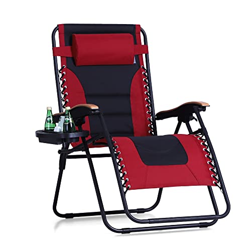 PHI VILLA Oversize XL Padded Zero Gravity Lounge Chair Wide Armrest Adjustable Recliner with Cup Holder, Support 400 LBS (Red)