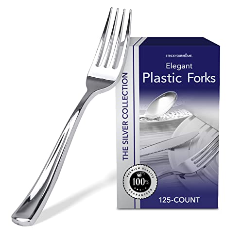 Stock Your Home 125 Disposable Heavy Duty Plastic Forks, Fancy Plastic Silverware Looks Like Real Cutlery - Utensils Perfect for Catering Events, Restaurants, Parties and Weddings (Silver)