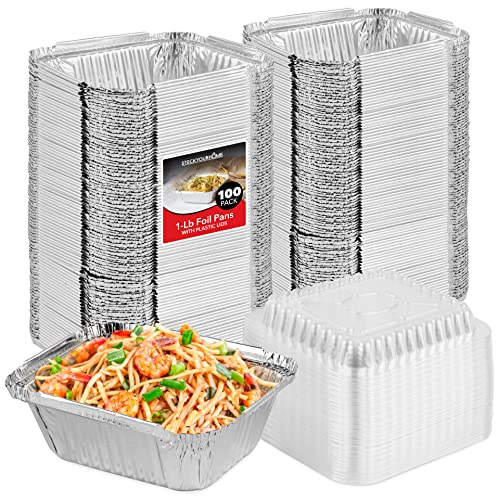 Stock Your Home 1 Lb Small Aluminum Pans with Lids (100 Pack) Foil Pans + Clear Plastic Lids, Disposable Cookware, Takeout Trays with Lids - To Go Disposable Food Containers for Restaurants & Catering