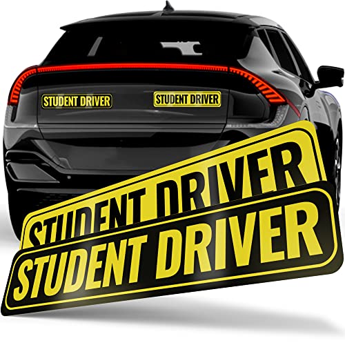 Adheisign Student Driver Magnet | Removable & Reflective New Driver Sticker Decal for Car | Extra-Long Strong Adhesive Magnet w/ Bold Visible Letters (2-Pack) (Yellow & Black), Twin XL