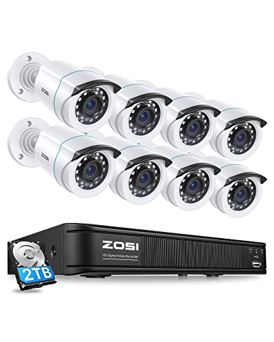 ZOSI 1080P H.265+ Home Security Camera System, 5MP Lite 8 Channel CCTV DVR Recorder with Hard Drive 2TB and 8 x 1080p Surveillance Bullet Camera Outdoor Indoor with 80ft Night Vision, Motion Alerts