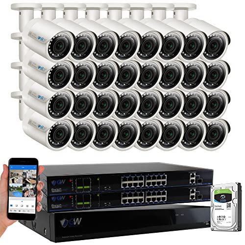GW Security 32 Channel 4K NVR 5MP POE Audio & Video Security Camera System - 32 x 5MP 1920P Weatherproof Bullet Cameras,Built in Microphone, Quick QR Code Easy Setup, Pre-Installed 8TB Hard Drive