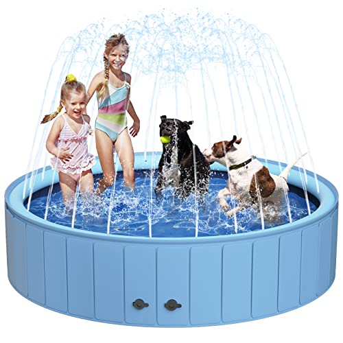 UCCY Foldable Dog Pools, Plastic Dog Swimming Pool with Sprinkler for Large Medium Small Pets Dogs & Kids Summer Outdoor Water Playing (XXL - 71''x12'', Blue)