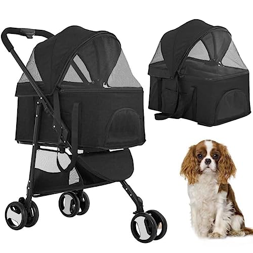 BestPet 3 Wheels Pet Stroller Dog Cat Premium 3-in-1 Multifunction Stroller for Medium Small Dogs Cats Detachable Carrier Lightweight Folding Travel Stroller,Black