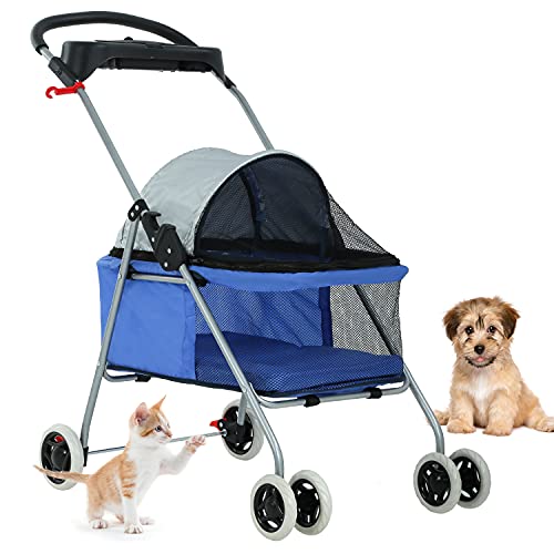 Pet Stroller 4 Wheels Posh Folding Waterproof Portable Travel Cat Dog Stroller with Cup Holder,Blue