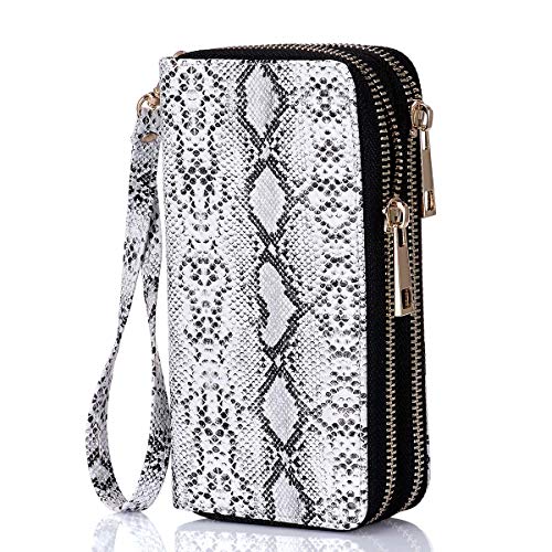 HAWEE Cellphone Wallet Dual Zipper Wristlet Purse with Credit Card Case/Coin Pouch/Smart Phone Pocket Soft Leather for Women or Lady, SnakeSkin White