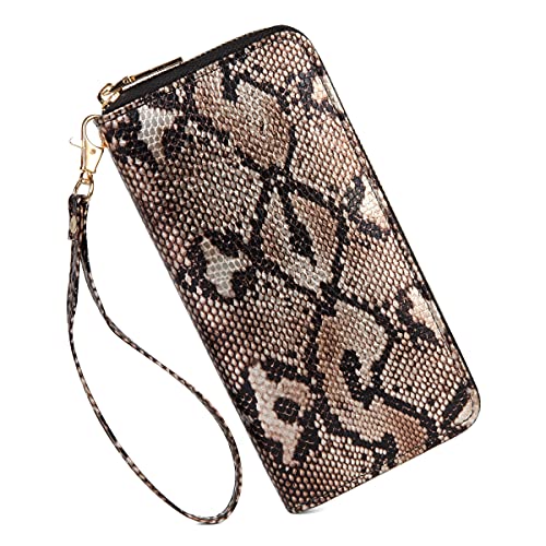 Fanwill Snakeskin Print Wallet for Women Serpentine Wristlet Purse Zip Around Card Holder