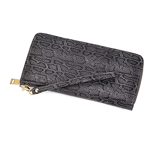 WOZEAH Women's RFID Blocking PU Leather Zip Around Wallet Clutch Large Travel Purse (Snake Pattern Pan Black)