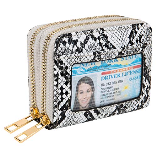 Heaye Card Case Women Wallet RFID with ID Window Zipper Snake Print Small Grey