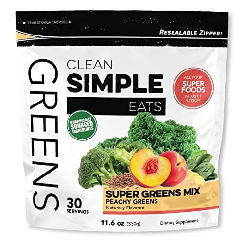 Clean Simple Eats Peachy Greens Powder Mix, Greens Superfood Powder Smoothie & Juice Mix, Gluten Free, Includes Powerhouse Superfoods Chlorella & Spirulina Powder Organic, 30 Servings