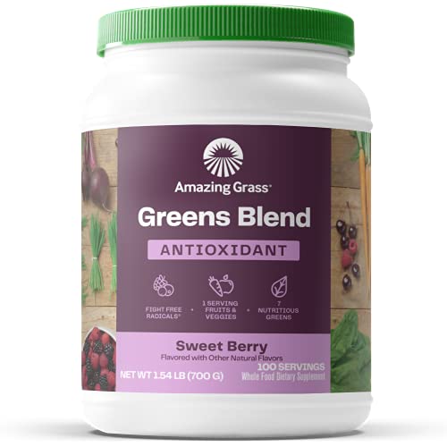 Amazing Grass Greens Blend Antioxidant: Super Greens Powder Smoothie Mix with Organic Spirulina, Beet Root Powder,Elderberry & Probiotics, Sweet Berry, 100 Servings (Packaging May Vary)