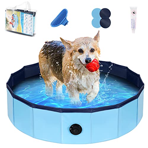 Anoak Foldable Dog Pool, Plastic Pool for Dogs Portable Swimming Pool for Dogs, Pet Pool Bathing Tub for Dogs Cats with Brush, Storage Bag, Repair Patch and Glue