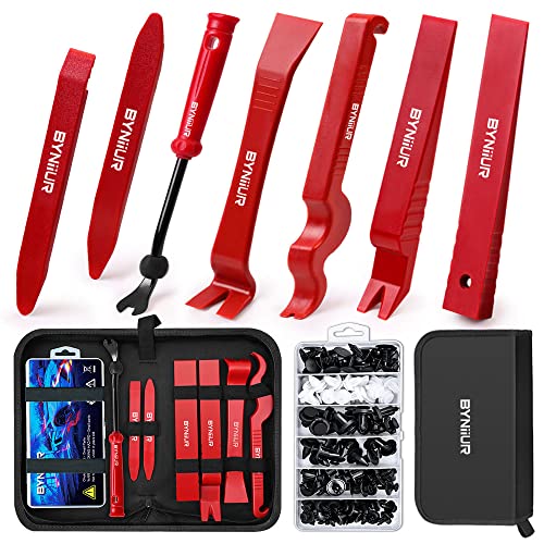 BYNIIUR Auto Trim Removal Tool Kit, Clip Fastener Remover Pry Tools Set, Car Panel Door Audio Trim Tool Kit, 100 Pcs Bumper Retainer Clips with Storage Bag for Car Door Panel Dashboard, Red