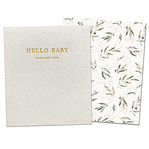 Peachly Unisex Baby Memory Book | Minimalist First Year Keepsake for Milestones | Simple Scrapbook Baby Books for Boy or Girl | 60 Pages Natural Linen - Olive